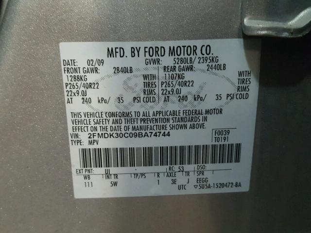 2FMDK30C09BA74744 - 2009 FORD EDGE SPORT SILVER photo 10