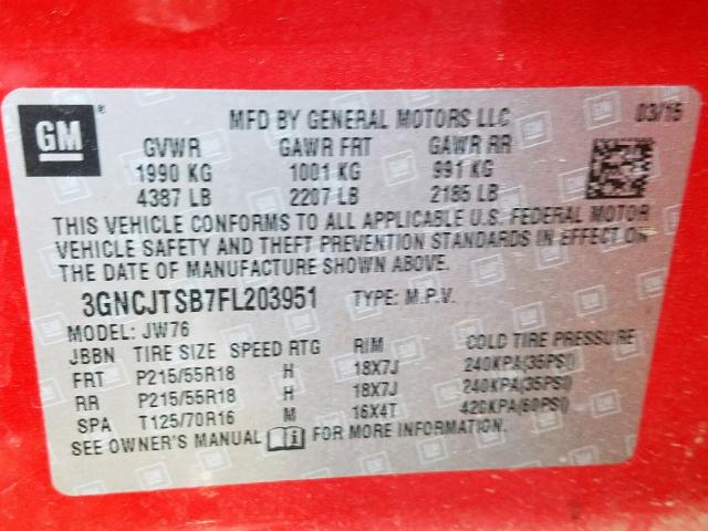 3GNCJTSB7FL203951 - 2015 CHEVROLET TRAX LTZ RED photo 10