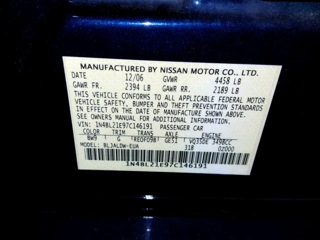 1N4BL21E97C146191 - 2007 NISSAN ALTIMA 3.5 BLUE photo 10