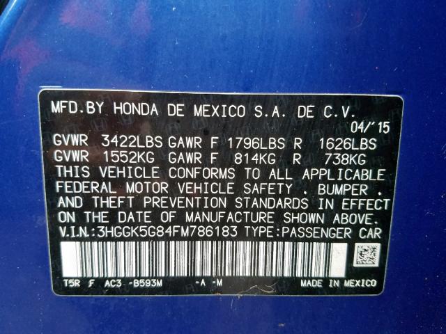 3HGGK5G84FM786183 - 2015 HONDA FIT EX BLUE photo 10