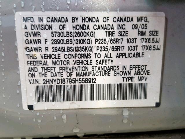 2HNYD18795H558912 - 2005 ACURA MDX TOURIN SILVER photo 10