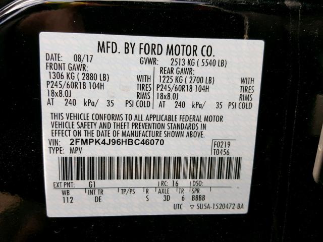 2FMPK4J96HBC46070 - 2017 FORD EDGE SEL BLACK photo 10