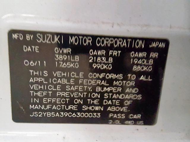 JS2YB5A39C6300033 - 2012 SUZUKI SX4 WHITE photo 10