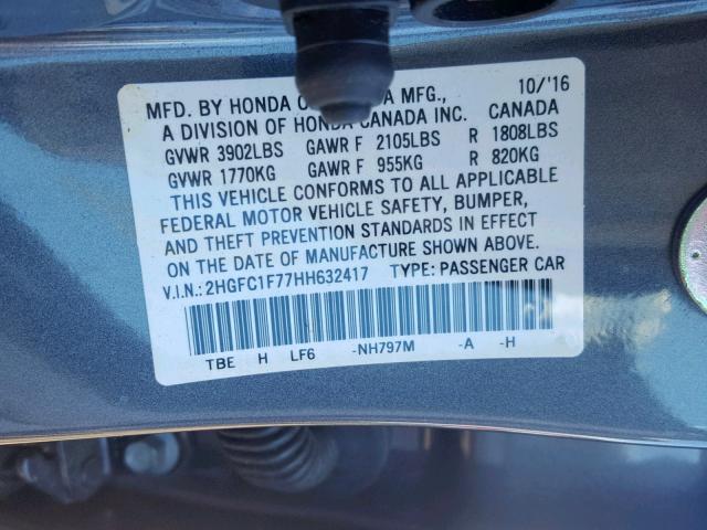 2HGFC1F77HH632417 - 2017 HONDA CIVIC EXL 灰色 照片 10