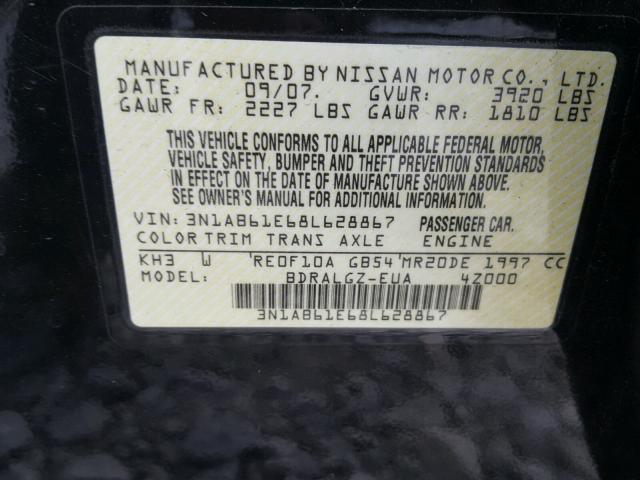 3N1AB61E68L628867 - 2008 NISSAN SENTRA 2.0 BLACK photo 10