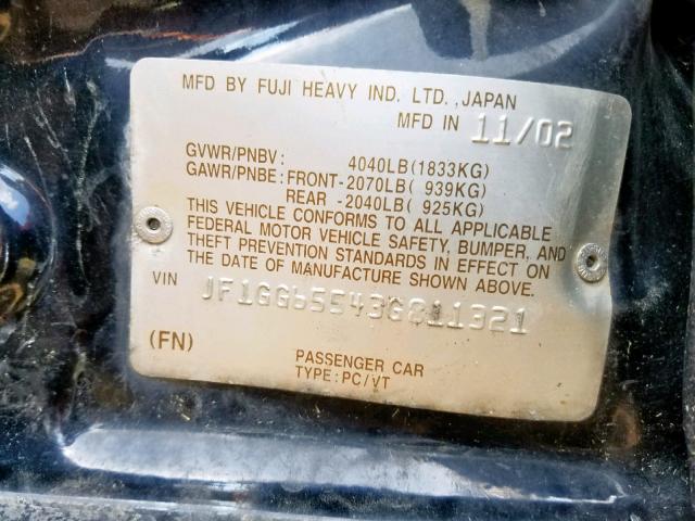 JF1GG65543G811321 - 2003 SUBARU IMPREZA TS BLUE photo 10