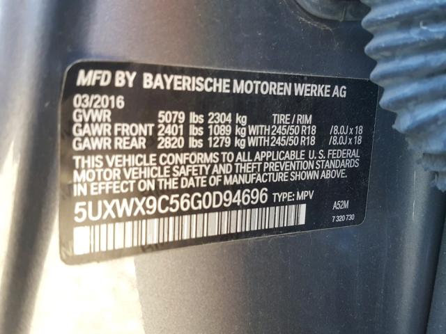 5UXWX9C56G0D94696 - 2016 BMW X3 XDRIVE2 GRAY photo 10