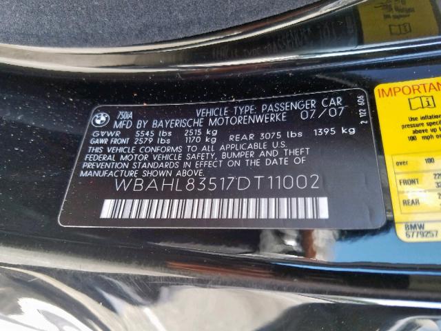 WBAHL83517DT11002 - 2007 BMW 750I BLACK photo 10