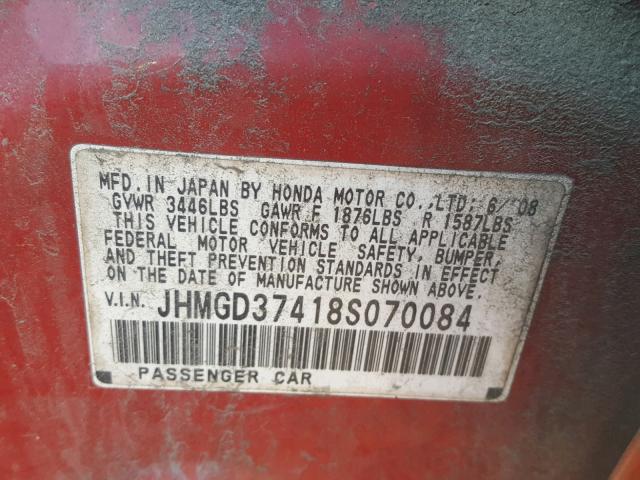 JHMGD37418S070084 - 2008 HONDA FIT RED photo 10