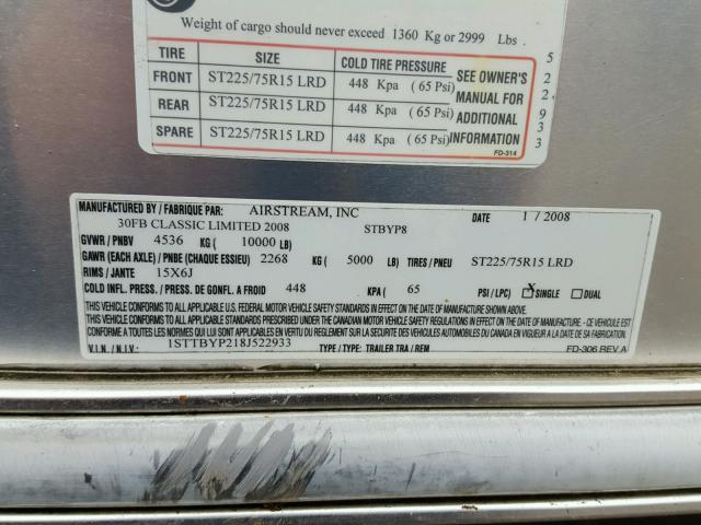 1STTBYP218J522933 - 2008 AIRS TRAVELTRAI 银色 照片 10