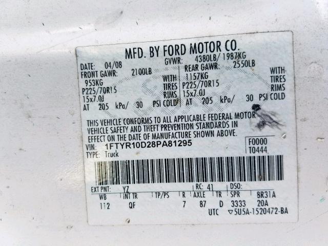 1FTYR10D28PA81295 - 2008 FORD RANGER WHITE photo 10