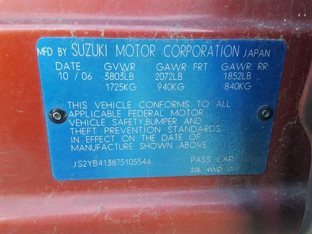 JS2YB413875105546 - 2007 SUZUKI SX4 RED photo 10