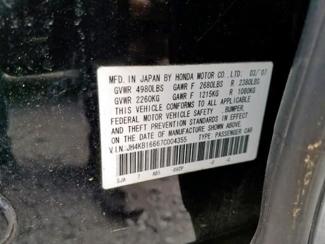 JH4KB16667C004355 - 2007 ACURA RL BLACK photo 10