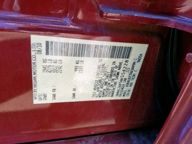 1N4AL2AP7AN554228 - 2010 NISSAN ALTIMA BAS RED photo 10