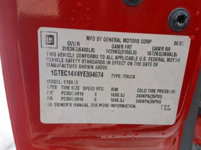 1GTEC14V4YE394674 - 2000 GMC NEW SIERRA RED photo 10