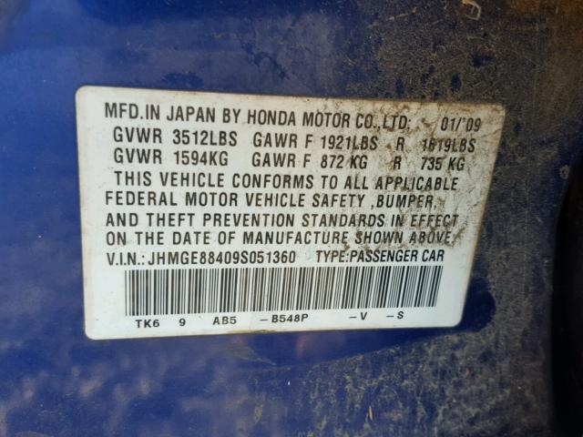 JHMGE88409S051360 - 2009 HONDA FIT SPORT BLUE photo 10