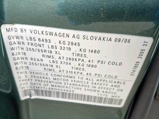 WVGZM77L56D024845 - 2006 VOLKSWAGEN TOUAREG 4. GREEN photo 10