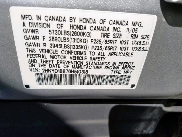 2HNYD18876H510318 - 2006 ACURA MDX TOURIN SILVER photo 10