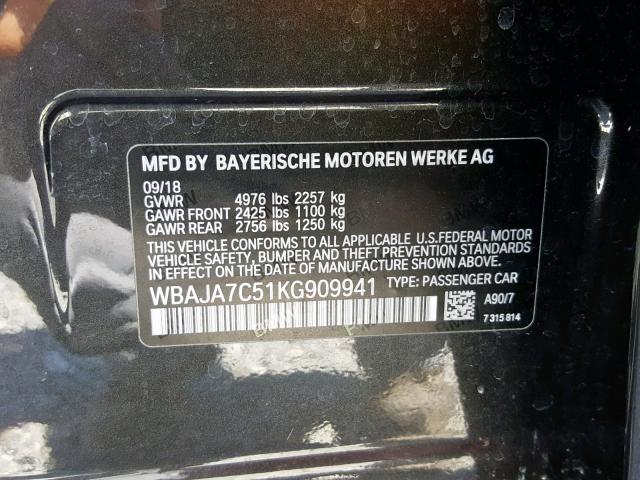 WBAJA7C51KG909941 - 2019 BMW 530 XI BLACK photo 10