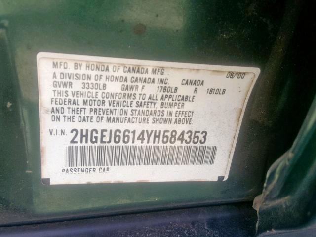 2HGEJ6614YH584353 - 2000 HONDA CIVIC BASE GREEN photo 10