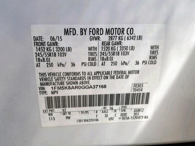 1FM5K8AR0GGA37168 - 2016 FORD EXPLORER P WHITE photo 10