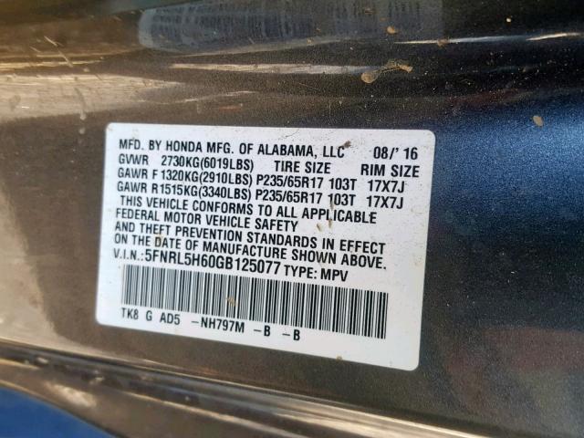 5FNRL5H60GB125077 - 2016 HONDA ODYSSEY EX GRAY photo 10