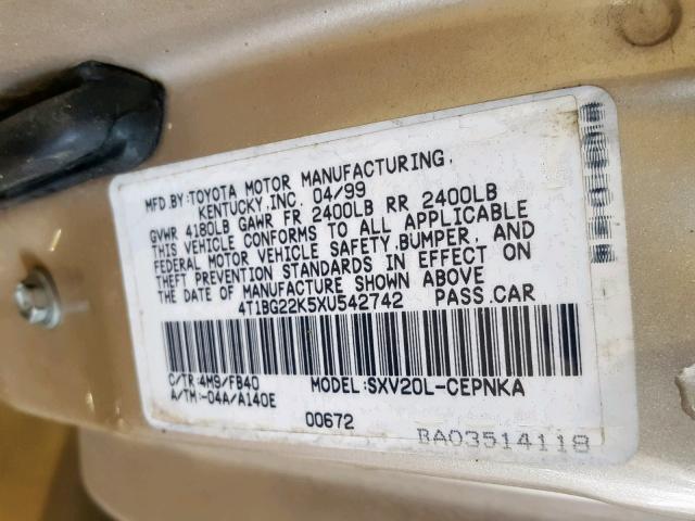 4T1BG22K5XU542742 - 1999 TOYOTA CAMRY CE GOLD photo 10