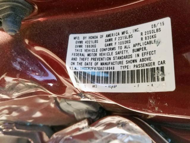 1HGCR2F87GA018948 - 2016 HONDA ACCORD EXL RED photo 10