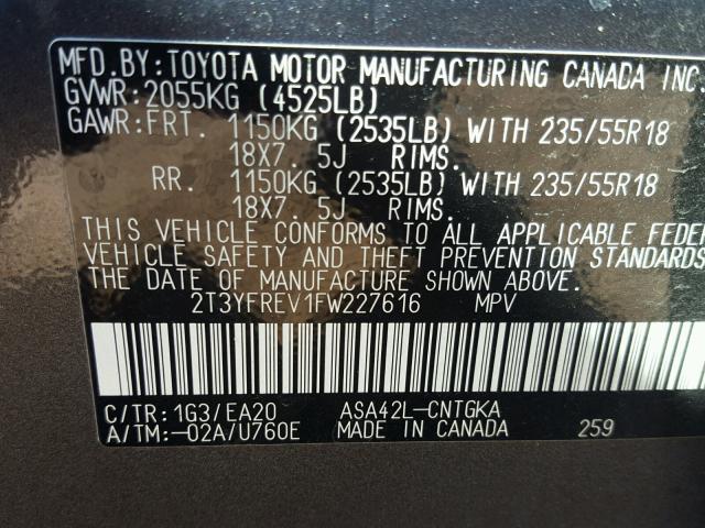 2T3YFREV1FW227616 - 2015 TOYOTA RAV4 LIMIT GRAY photo 10