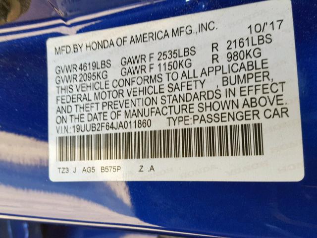 19UUB2F64JA011860 - 2018 ACURA TLX TECH+A ლურჯი ფოტო 10