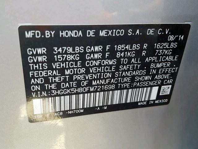 3HGGK5H80FM721698 - 2015 HONDA FIT EX SILVER photo 10