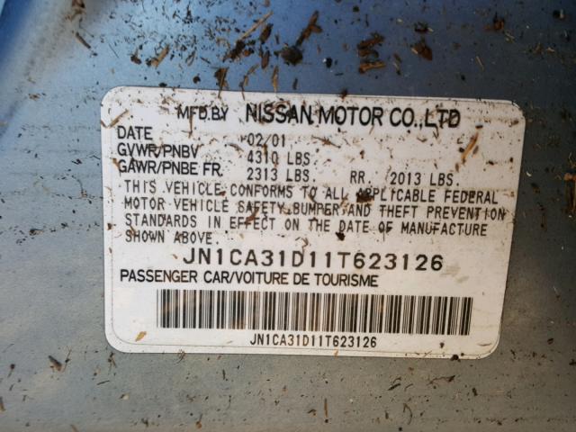 JN1CA31D11T623126 - 2001 NISSAN MAXIMA GXE BLUE photo 10