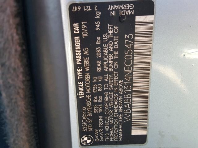 WBABB1314NEC05473 - 1992 BMW 325 IC BLUE photo 10
