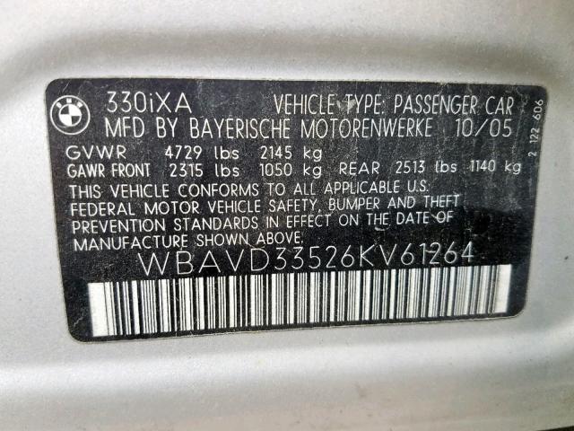 WBAVD33526KV61264 - 2006 BMW 330 XI SILVER photo 10