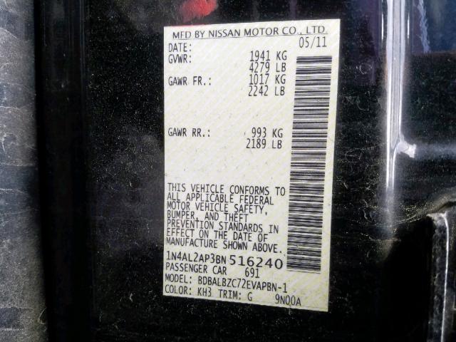 1N4AL2AP3BN516240 - 2011 NISSAN ALTIMA BAS BLACK photo 10