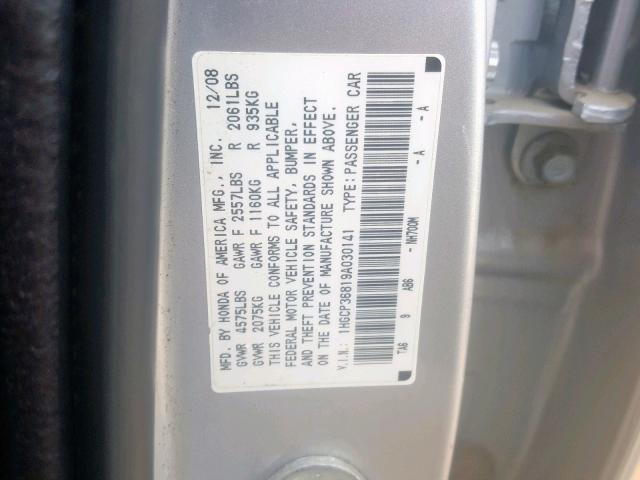 1HGCP36819A030141 - 2009 HONDA ACCORD EXL SILVER photo 10