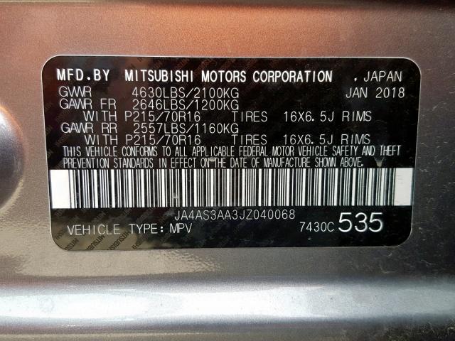 JA4AS3AA3JZ040068 - 2018 MITSUBISHI ECLIPSE CR GRAY photo 10