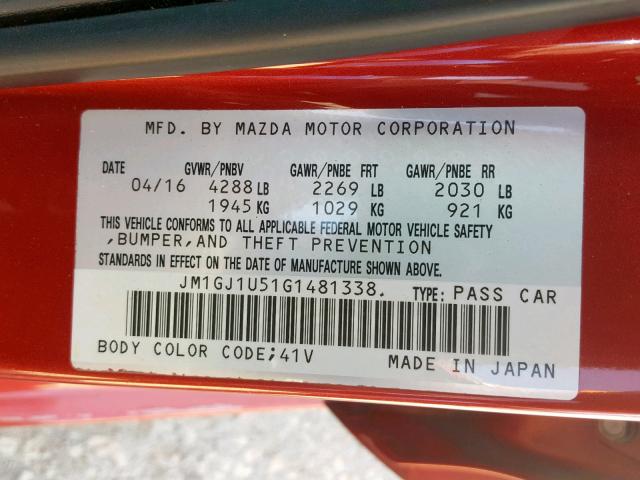 JM1GJ1U51G1481338 - 2016 MAZDA 6 SPORT RED photo 10