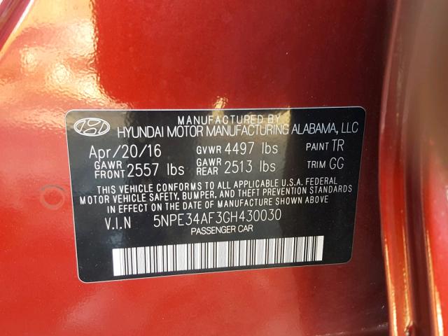 5NPE34AF3GH430030 - 2016 HYUNDAI SONATA SPO RED photo 10