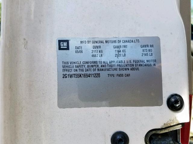 2G1WD58C969203700 - 2006 CHEVROLET IMPALA SUP Ақ фото 10