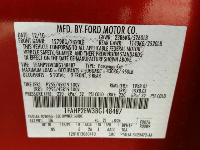 1FAHP2EW3BG148487 - 2011 FORD TAURUS SEL RED photo 10