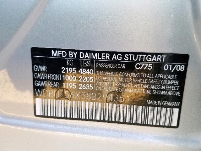 WDBUF56X58B294351 - 2008 MERCEDES-BENZ E 350 SILVER photo 10