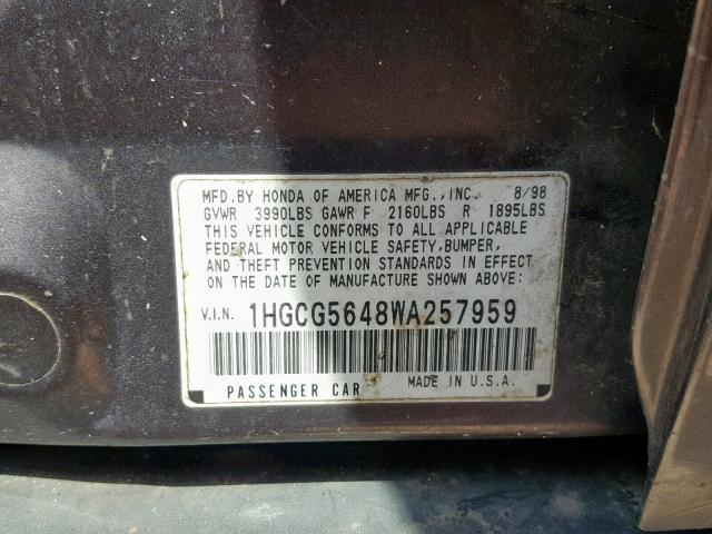 1HGCG5648WA257959 - 1998 HONDA ACCORD LX GRAY photo 10