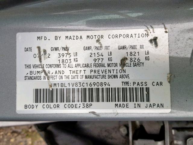 JM1BL1V83C1690894 - 2012 MAZDA 3 I GRAY photo 10