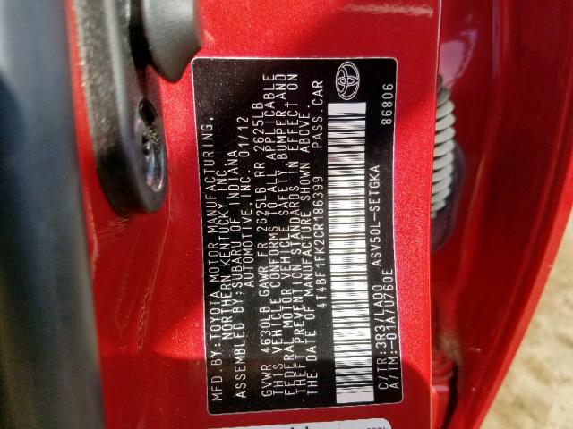4T4BF1FK2CR186399 - 2012 TOYOTA CAMRY BASE RED photo 10