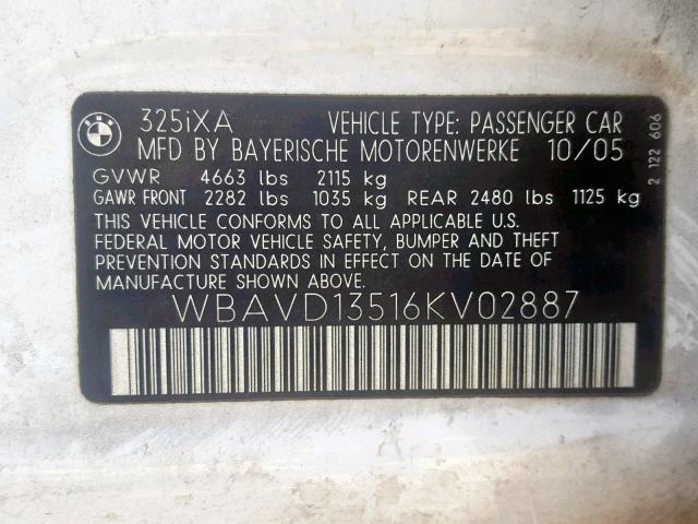 WBAVD13516KV02887 - 2006 BMW 325 XI WHITE photo 10