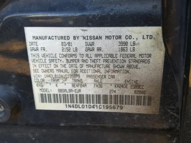 1N4DL01D41C195679 - 2001 NISSAN ALTIMA XE BLACK photo 10