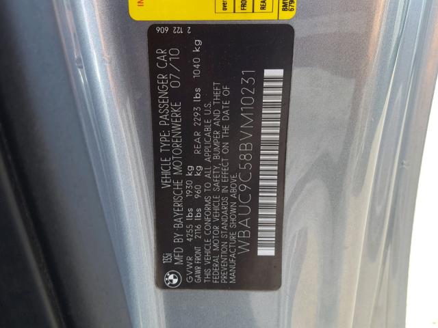 WBAUC9C58BVM10231 - 2011 BMW 135 I GRAY photo 10