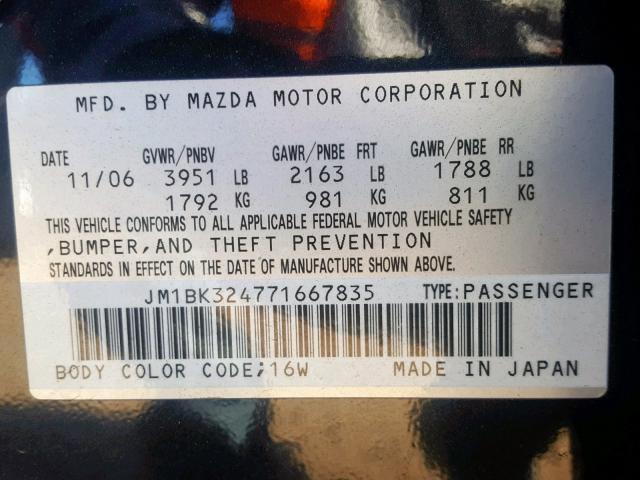 JM1BK324771667835 - 2007 MAZDA 3 S BLACK photo 10