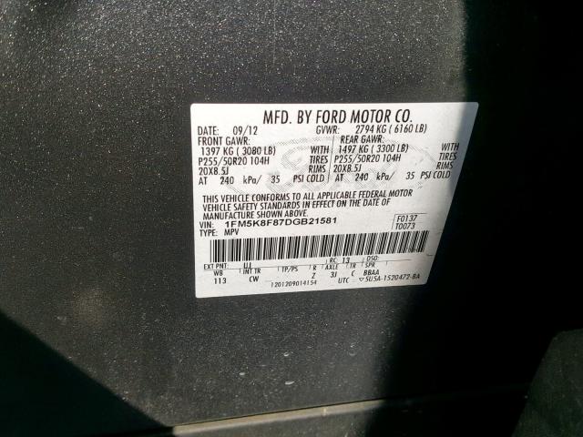 1FM5K8F87DGB21581 - 2013 FORD EXPLORER L GRAY photo 10